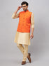 Vastramay Men's Orange Matka Silk Nehru Jacket With Gold Silk Blend Kurta and Pant style Pyjama Set